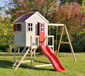 Wendi Toys Holz Stelzenhaus Elefant | mit Rutsche und Schaukel | Natur | 330x350x242 cm 