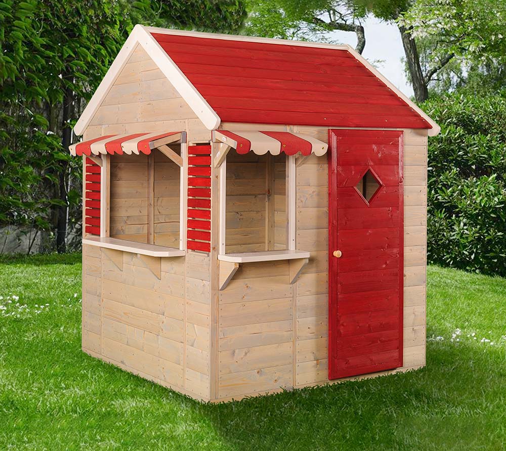 Wendi Toys Holz Spielhaus Dachs inkl. Markisen | Natur | 120x120x155 cm |  mygardenhome